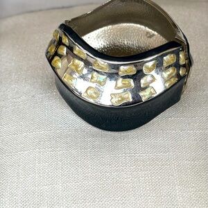 Designer large cuff black enamel chrome and shell inlays statement piece